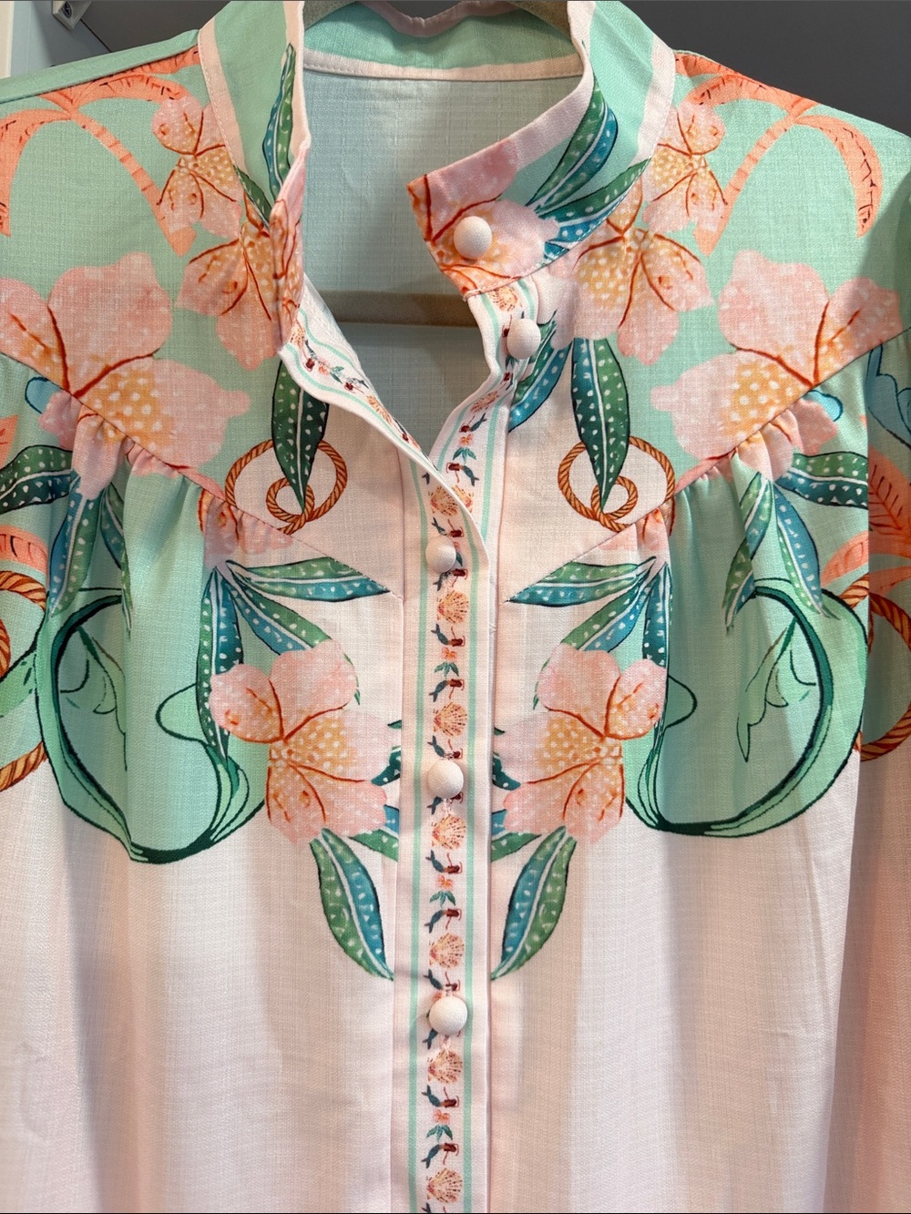 Peach Midi Dress with Mint and Coral Border - Picture 4 of 7